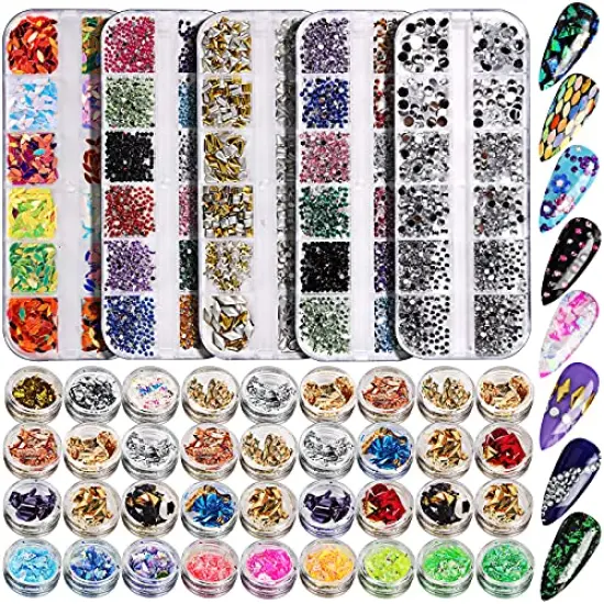 Rhinestones for Nails, 5 Boxes Nail Art Rhinestones 36 Boxes Nail Flakes, Nail Gems Stone Nail Design Kit, Nail Rhinestones for Nail Art Nail Accessories {2}