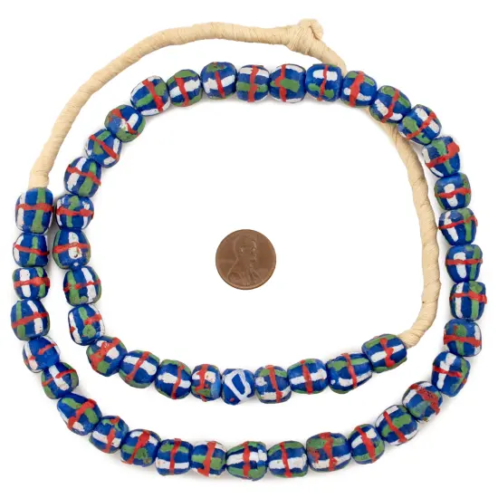 The Bead Chest Blue French Cross Krobo Beads 11mm Ghana African Round Glass Large Hole 28 Inch Strand Handmade {2}