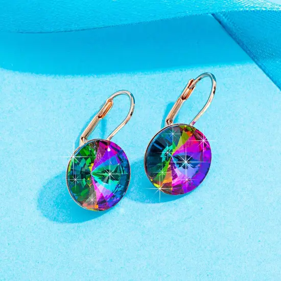 Crystal Round Drop Earrings for Women 14K Gold Plated Hypoallergenic Leverback Hoop Earrings (Rainbow) {1}