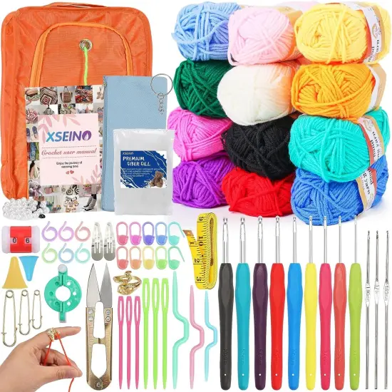 Crochet Kit with Step-By-Step Video Tutorials,Premium Bundle Includes 12 Roll X50Yard Acrylic Yarn Balls, 12 Crochet Hooks, Crochet Bag and All Accessories Kit, Crochet Kit for Beginners Crochet Kit-5Colors {2}