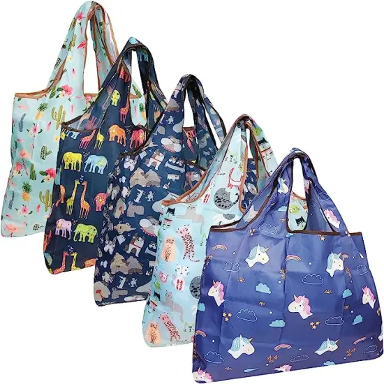 Wrapables Large Foldable Tote Nylon Reusable Grocery Bags, 5 Pack Animals in Blue {1}