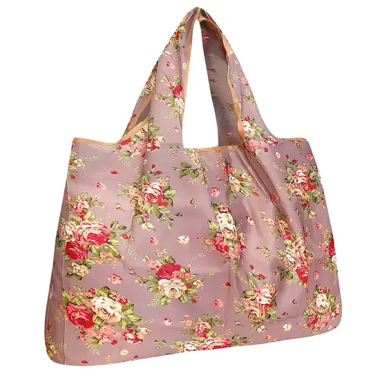 Wrapables Large Foldable Tote Nylon Reusable Grocery Bag Roses on Khaki {1}