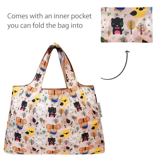 Wrapables Large & Small Foldable Tote Nylon Reusable Grocery Bags, Set of 2 Cuttie Animals {5}