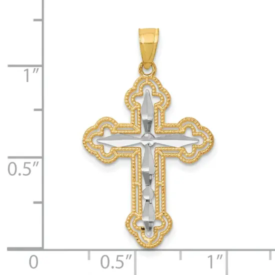 10K Gold & Rhodium Plated Diamond Cut Cross Pendant Charm Jewelry 30 x 21 mm {2}