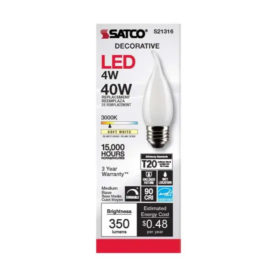 6Pk - Satco 4w CA10 LED 3000K Medium Base Frosted Dimmable - 40w equiv Warm White {4}