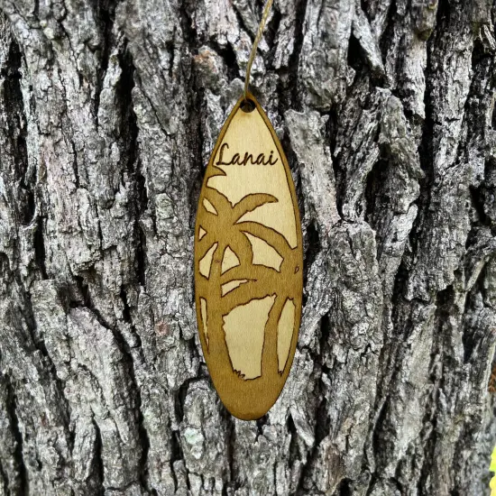 Ornament - Lanai Palm Tree Surfboard - Raw Wood Maple {3}