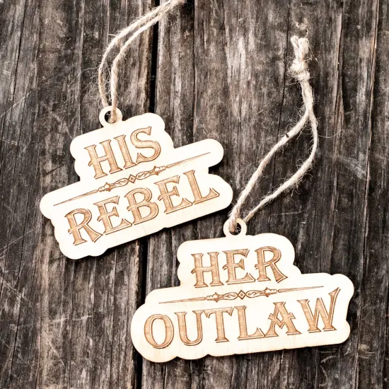 Ornament - His Rebel - Her Outlaw - Set Raw Wood 2x4in {1}