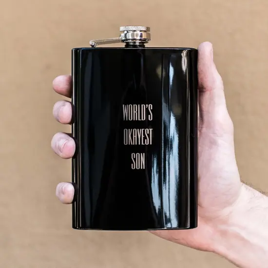 8oz BLACK World's Okayest Son Flask {3}