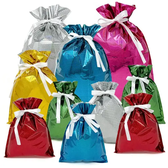 Wrapables Aluminum Foil Hologram Drawstring Gift Bags for Party Favors, Goodie Bag, Treats, Gift Wrap, Parties (Set of 10), Solid Color {1}