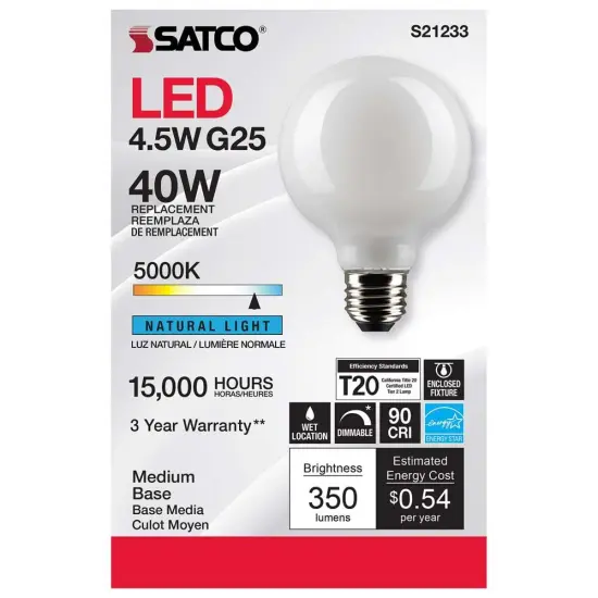 6Pk - Satco 4.5w G25 Globe LED 5000K Medium Base White Dimmable - 40w equiv Natural Light {4}