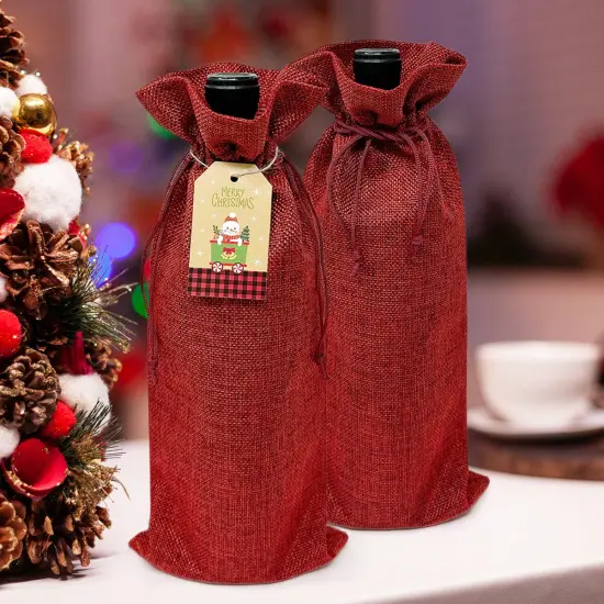 Wrapables Reusable Burlap Wine Bags, Rustic Gift Bags with Drawstring (Set of 8) Burgundy {3}