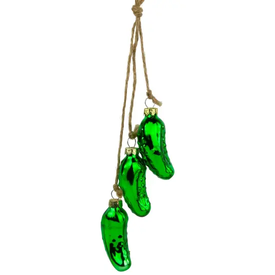 Northlight 8.5" Green Shiny Pickle Cluster Trio Glass Christmas Ornament {1}