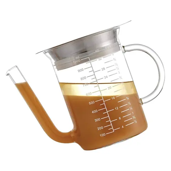 HIC Kitchen Gravy Strainer and Fat Separator, Heat-Safe Borosilicate Glass with 18/8 Stainless Steel Fine-Mesh Filter and Pierced Strainer, 4-Cup (32-Ounce) Capacity {3}