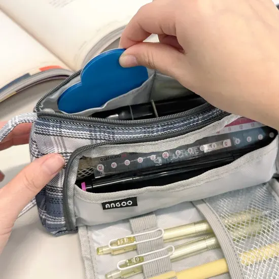 Wrapables Large Capacity Pencil Case, Portable Pencil Pouch for Stationery Office Supplies Plaid Blue {6}