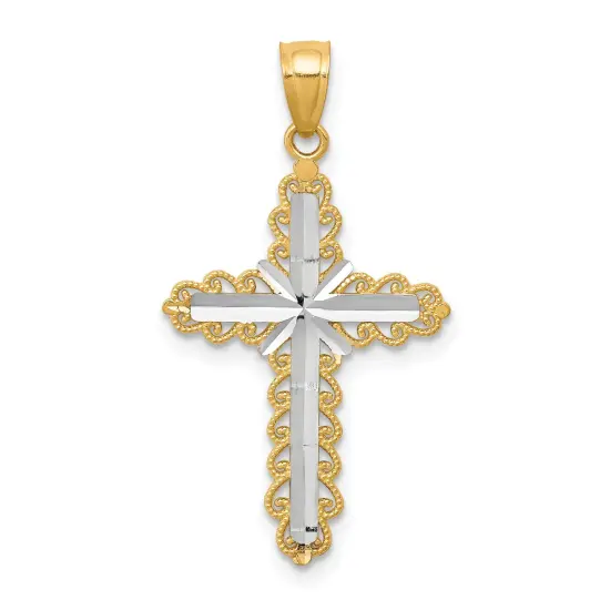 10K Gold & Rhodium Plated Diamond Cut Cross Pendant Jewelry Charm 30 x 16mm {1}