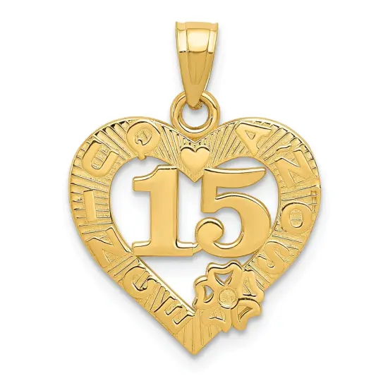 14K Gold 15 Quince Anos Heart Charm Birthday Pendant Jewerly 22mm x 16mm {1}