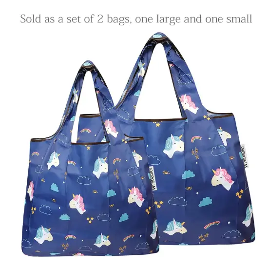 Wrapables Large & Small Foldable Tote Nylon Reusable Grocery Bags, Set of 2 Unicorns & Rainbows {3}