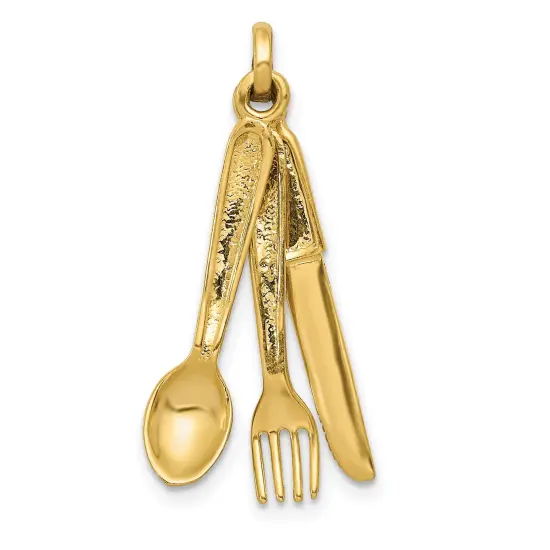 14K Yellow Gold 3D Knife Fork & Spoon Charm Silverware Jewerly 29mm x 15mm {1}