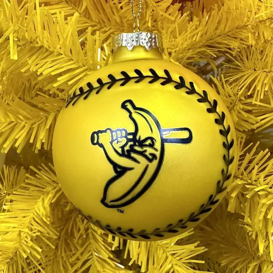 Tree Buddees x Savannah Bananas Yellow Banana Ball Baseball Shaped Glass Christmas Ornament (Banana Ball) {6}