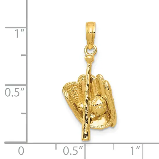 14K Gold 3D Baseball Glove Bat & Ball Charm Sports Jewerly 23mm x 11mm {6}