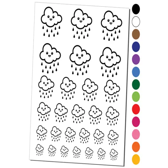 Cute Kawaii Rain Cloud Raining Temporary Tattoo Water Resistant Fake Body Art Set Collection Purple {1}