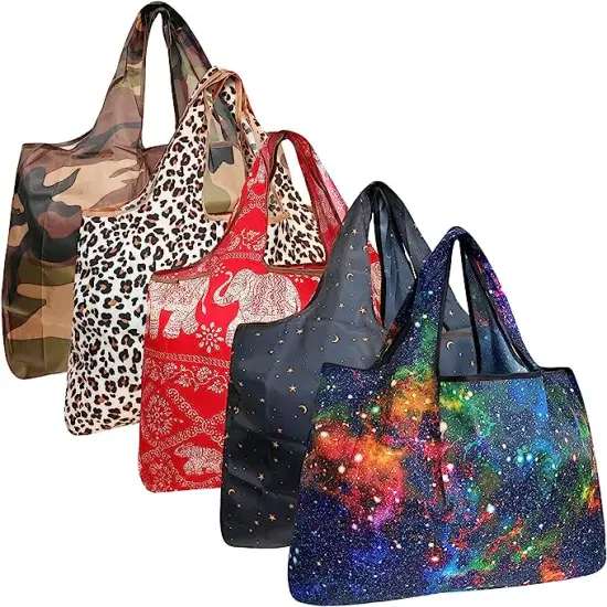 Wrapables Large Foldable Tote Nylon Reusable Grocery Bags, 5 Pack Exotic Space {1}