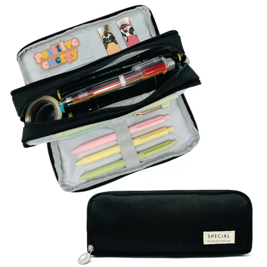 Wrapables Large Capacity Pencil Case, 3 Compartment Pencil Pouch for Stationery Pens Cactus {7}