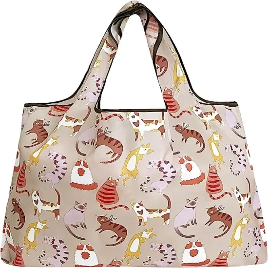Wrapables Large Foldable Tote Nylon Reusable Grocery Bags, 3 Pack Elephant Owls Cats {4}