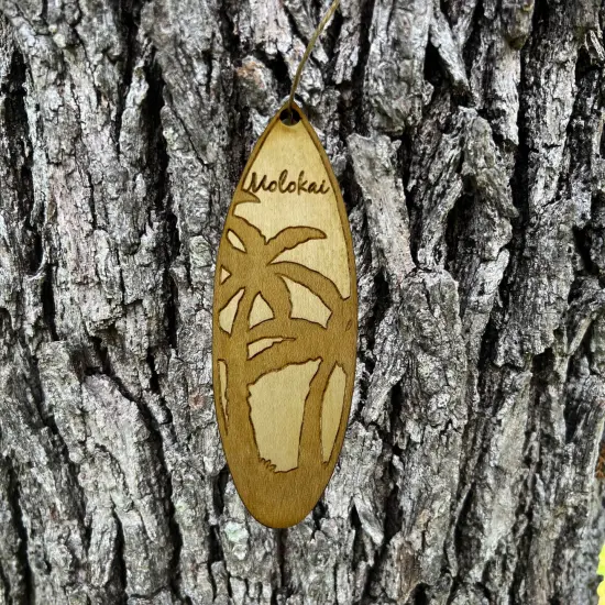 Ornament - Molokai Palm Tree Surfboard - Raw Wood Maple {2}