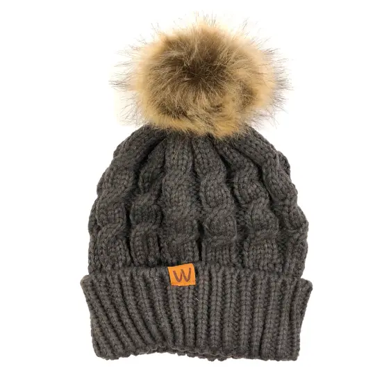 Wrapables Winter Warm Cable Knit Faux Fur Pom Pom Beanie Adult Charcoal Gray {3}