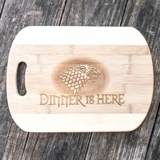 Dinner is Here Cutting Board 14''x9.5''x.5'' Bamboo {1}
