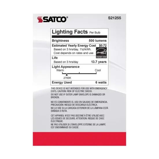 6Pk - Satco 6w G40 Globe Filament LED 2700K E26 Base White Dimmable - 60w equiv Warm White {6}