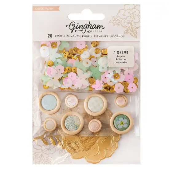 Gingham Garden Embellishment Buttons 20/Pkg-W/Gold Foil {1}