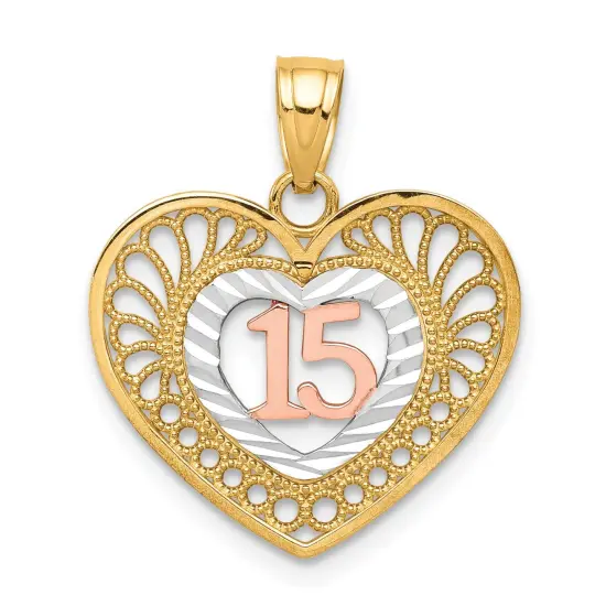 10K Gold Two Tone Sweet 15 Heart Pendant Charm Jewelry 20mm x 16mm {1}