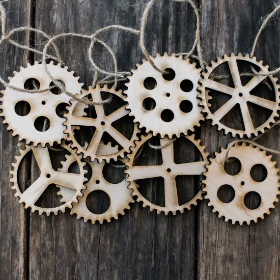 Ornament - Gears Set of 8 - Raw Wood 3x3in {3}