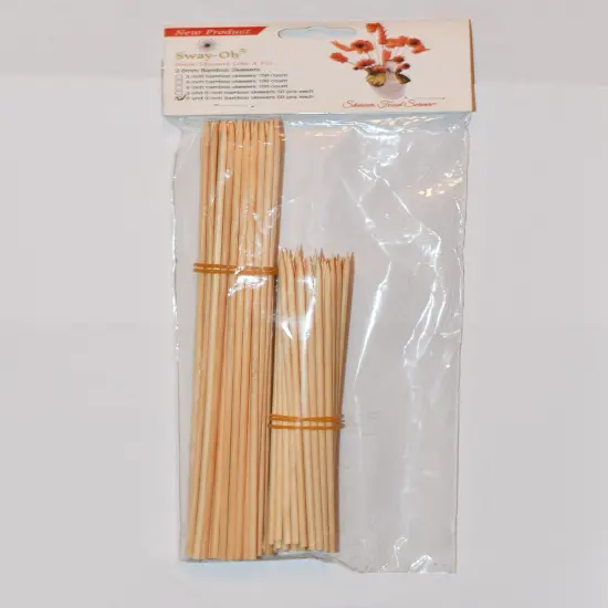 6" and 9" Natural Bamboo Skewers, 100 Count - Ø=2.6mm. Natural Bamboo. Strong, durable, bamboo skewers to display bite-sized fruits, vegetables, meats, cheese, desserts, and other appetizers. {1}