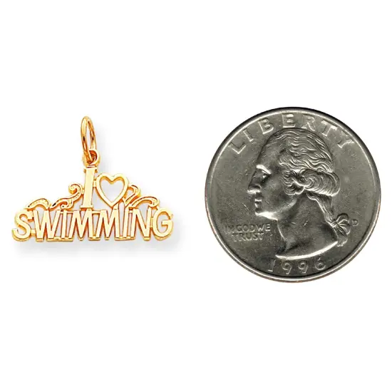 10K Gold I Love Swimming Charm Heart Swimmer Pendant Jewerly 18mm x 23mm {2}