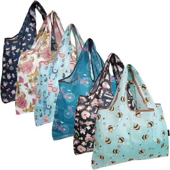 Wrapables Large Foldable Tote Nylon Reusable Grocery Bags, 6 Pack Leisure Time {1}