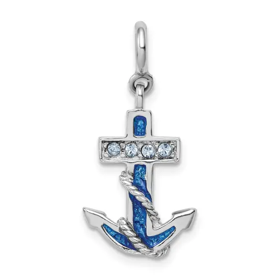 Sterling Silver Blue Enameled Anchor w/Crystals Charm Jewerly 22mm x 13mm {1}