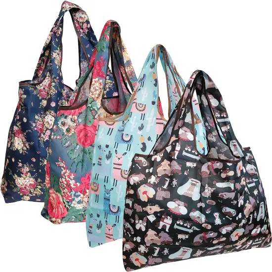 Wrapables Large Foldable Tote Nylon Reusable Grocery Bags, 4 Pack Floral, Llamas, Dogs {1}