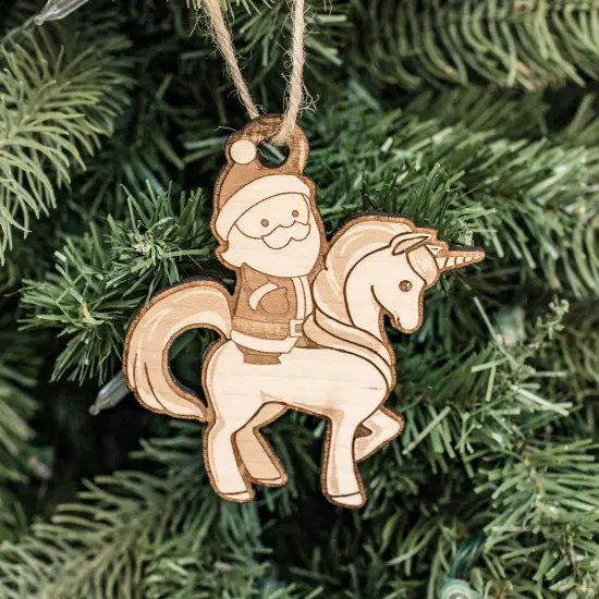 Ornament - Santa's Unicorn - Raw Wood 3x4in {1}