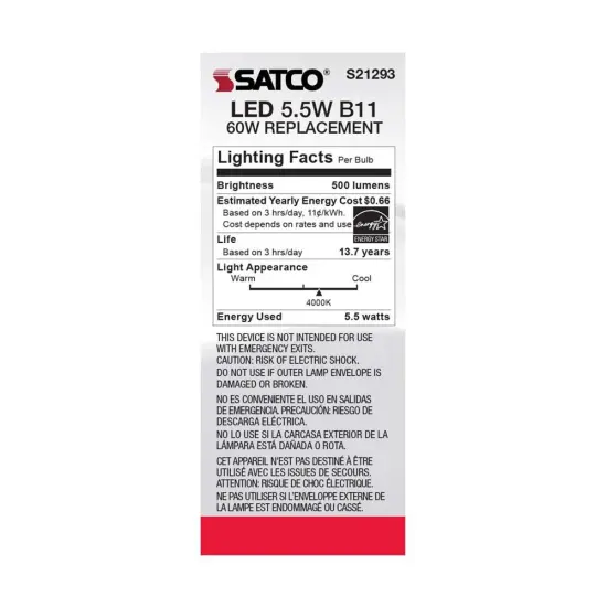 6Pk - Satco 5.5w B11 LED 4000K Medium Base Frosted Dimmable - 60w equiv Cool White {6}