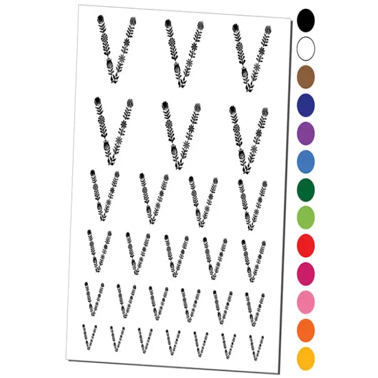 Elegant Botanical Floral Letter V Temporary Tattoo Water Resistant Fake Body Art Set Collection Black {1}