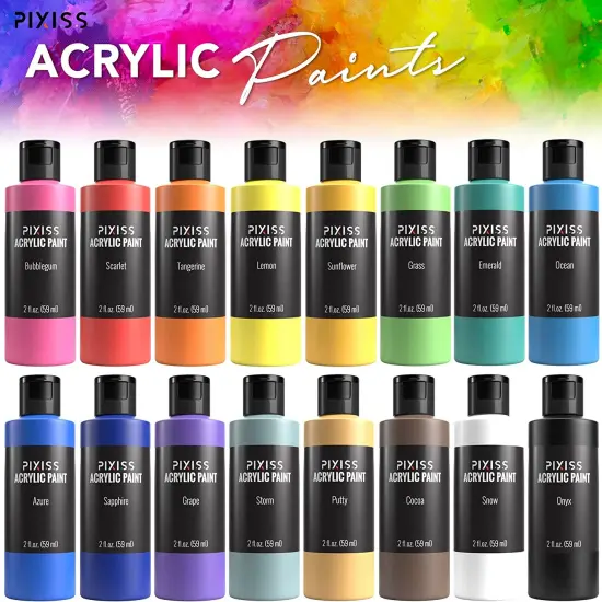 Pixiss Acrylic Paint Set of 16 Colors, 59ml, 2 Fluid Ounce Bottles, Matte Finish Paints {2}