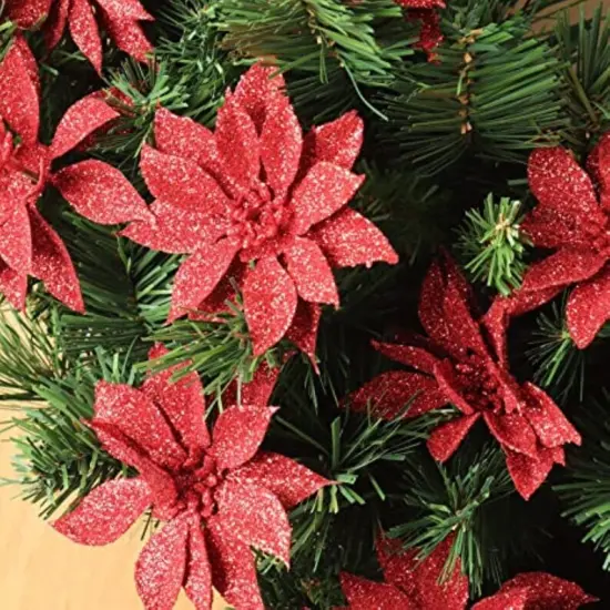 Red Glitter Poinsettia Christmas Tree Picks Decorations, 24-Pack of Lifelike Glittery Floral Accents for Wreaths and Holiday Arrangements - 2024 Christmas Collection, Floral Home by Artificial Flowers {2}