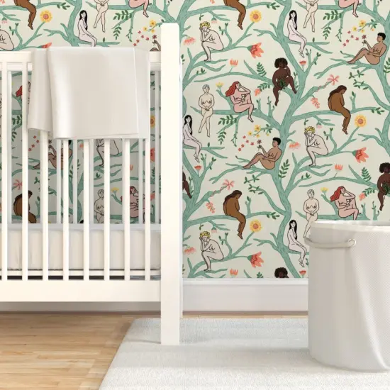 Pre-Pasted Wallpaper 2FT Wide Boho Women Floral Trees Turquoise Botanical Naked Feminist Nudes Health Diversity Gardens Body Climbing Vines Garden Of Eden Custom Pre-pasted Wallpaper by Spoonflower {7}