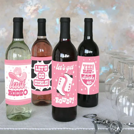Big Dot of Happiness Last Rodeo - Pink Cowgirl Bachelorette Party Decorations for Women and Men - Wine Bottle Label Stickers - Set of 4 {4}