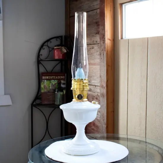 Aladdin Milk Glass Oil Lamp, Alexandria Model with Aladdin Burner, Wick, Glass chimney and Mantle {5}