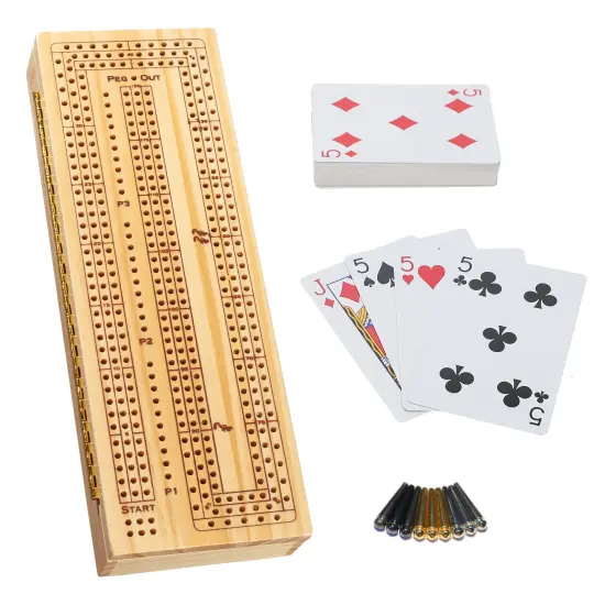 WE Games 3 Player Wooden Cribbage Set - Easy Grip Pegs and 2 Decks of Cards Inside of Board {1}