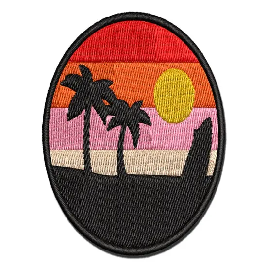 Retro Rainbow Beach Sunset Palm Trees Surfboard Multi-Color Embroidered Iron-On or Hook & Loop Patch Applique {1}